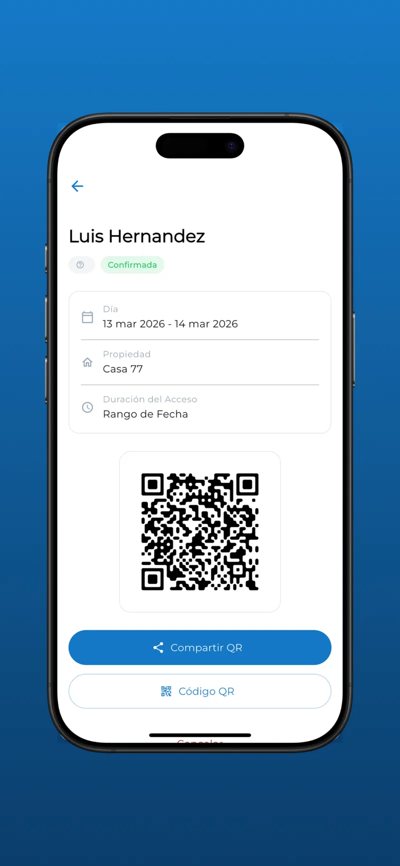 Invitación de visitante con código QR en Privapp